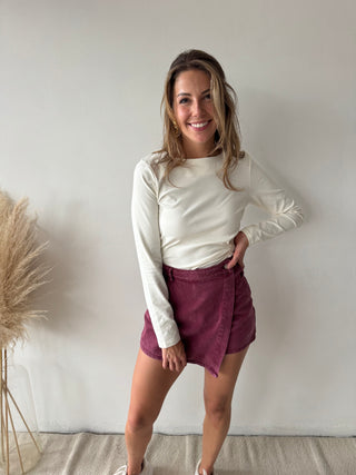 Burgundy denim skort