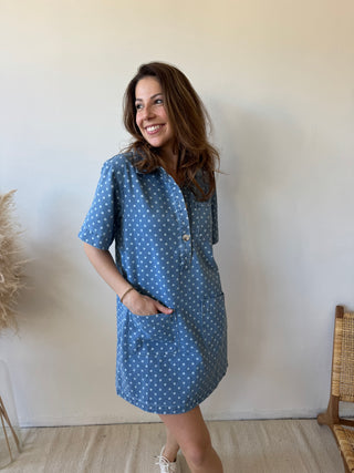 White polka dots denim dress