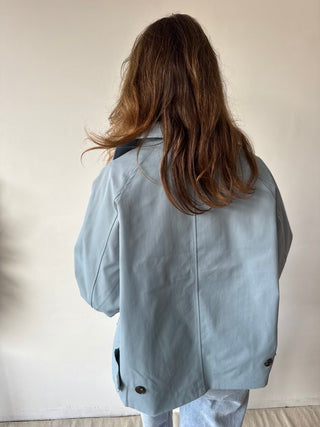 Flower detail blue trench jacket