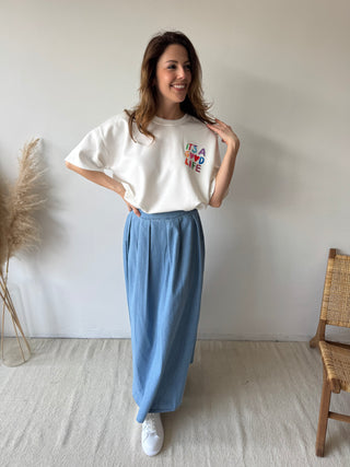 Blue denim maxi skirt