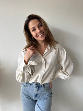 Beige linen bow shirt