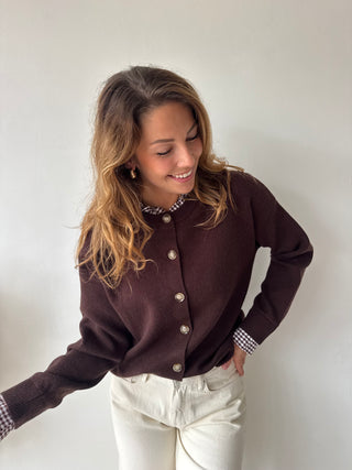 Checked details brown button knit