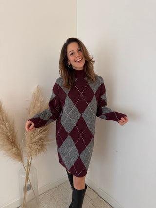 Burgundy grey argyle sweater dress