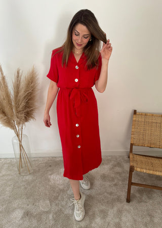 Red button down tetra dress