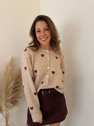 Burgundy hearts beige knit