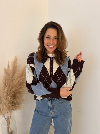 Blue brown argyle polo knit