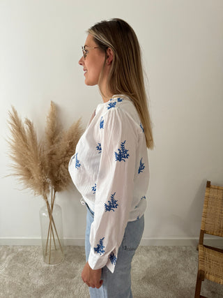 Blue leaves white blouse