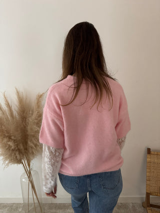 Lace sleeves pink knit