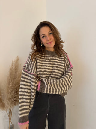 Pink details taupe striped knit