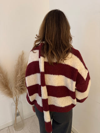 Burgundy beige striped button scarf knit