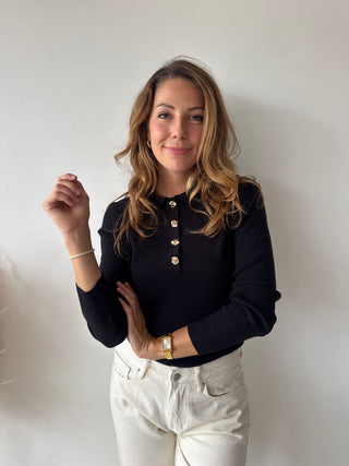 Gold buttons black ribbed top