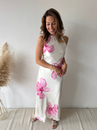 Pink flowers white dress