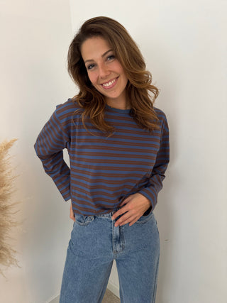 Brown blue striped top