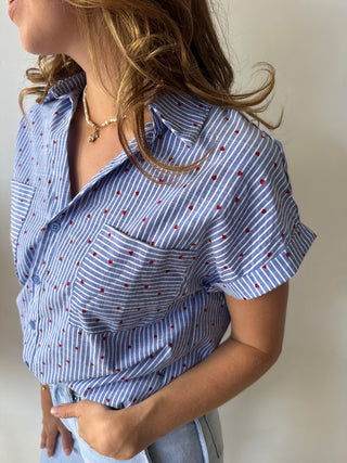 Red hearts blue shirt