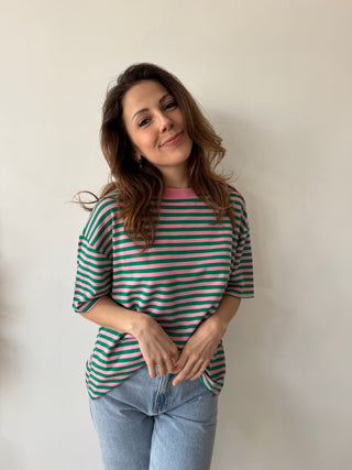 Pink green striped t-shirt