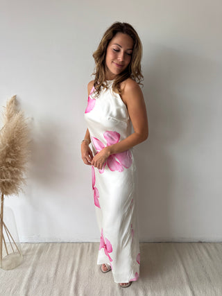 Pink flowers white dress