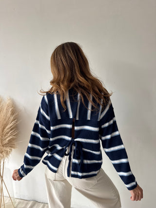 Navy striped knot back knit