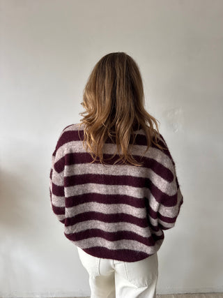 Burgundy taupe striped button knit