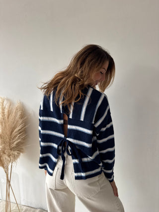 Navy striped knot back knit