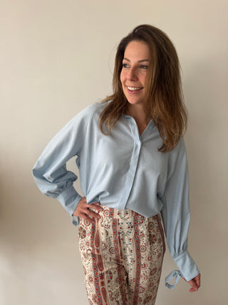 Blue linen bow shirt