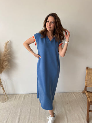 Orange detail blue flowy dress