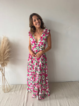 Pink flowers ruffled maxi dress