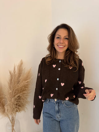 Pink hearts brown knit