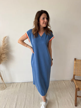 Orange detail blue flowy dress