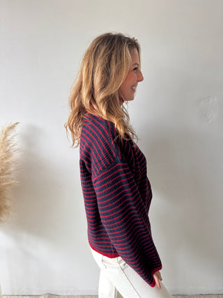Navy red striped zipper knit