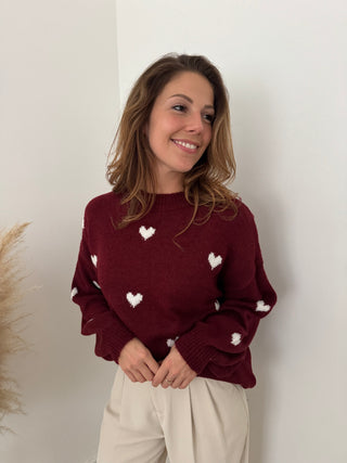 White hearts burgundy knit