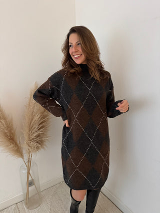 Grey brown argyle sweater dress