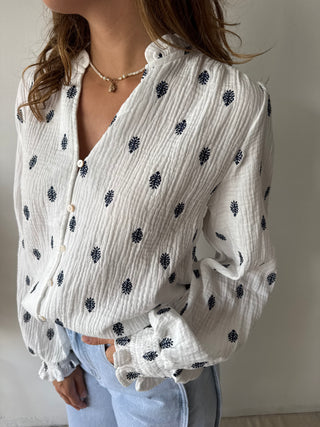 Navy leaves white tetra blouse