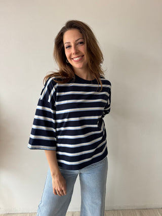 Knot back navy striped top