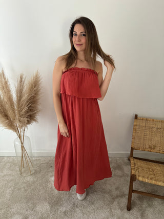 Rust strapless tetra dress