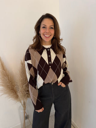 Brown taupe argyle polo knit