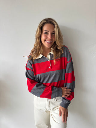 Red grey striped polo sweater