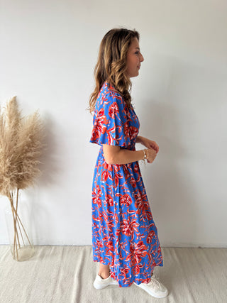 Orange flowers blue maxi dress