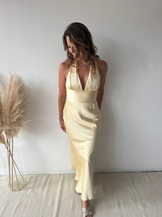 Yellow satin maxi dress