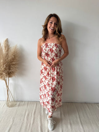 Red flowers strapless dress