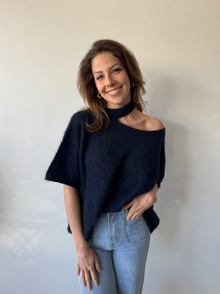 Navy open shoulder soft knit