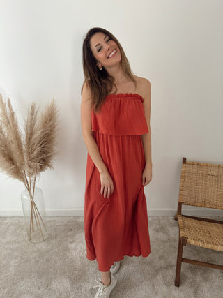 Rust strapless tetra dress