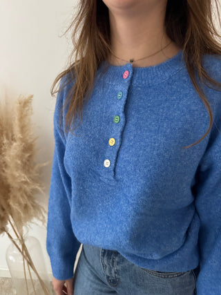 Colorful buttons blue knit