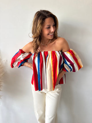 Red blue striped strapless top