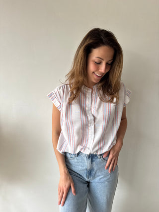 Red blue striped blouse