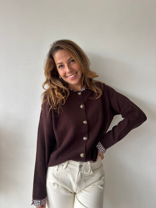 Checked details brown button knit