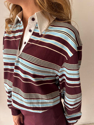 Burgundy blue striped polo