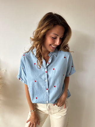 Red hearts denim blouse