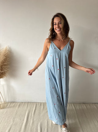 Red hearts blue denim dress