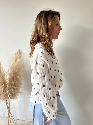 Navy leaves white tetra blouse