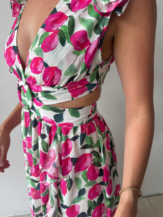Pink flowers ruffled maxi dress